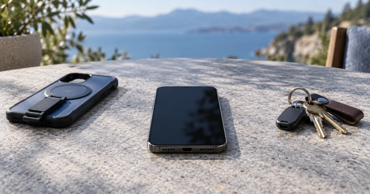 Illustration of a phone, magnetic case and keys spaced apart on a stone table.