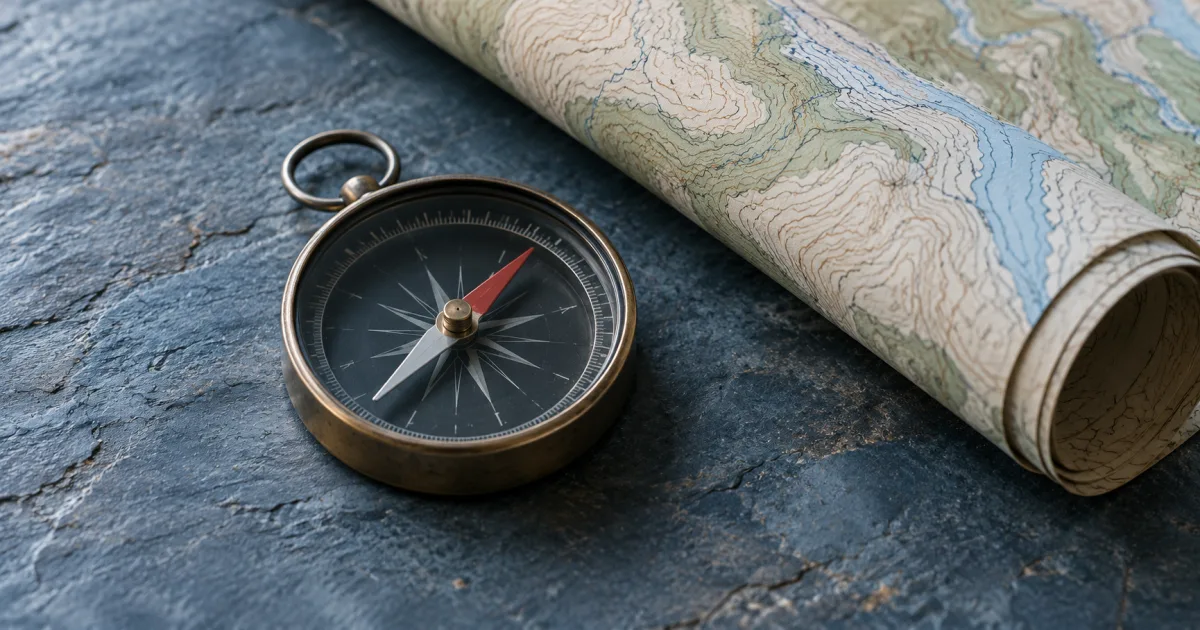 Illustration of an analog compass beside a rolled contour map on blue slate.