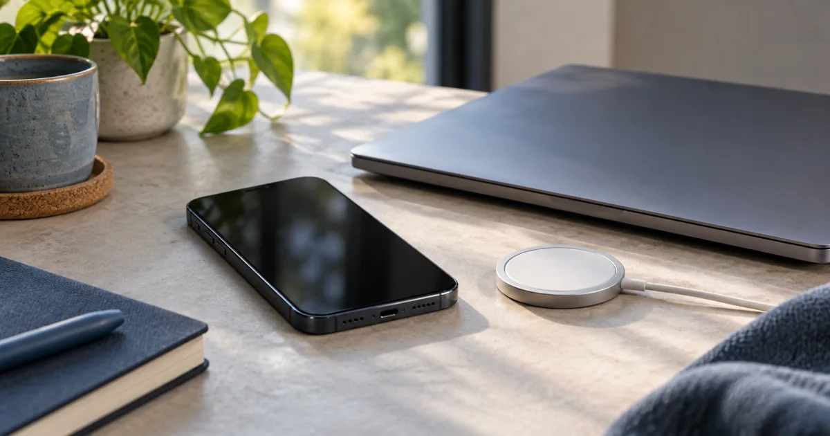 Illustration of a phone beside a laptop and a separate charging accessory.