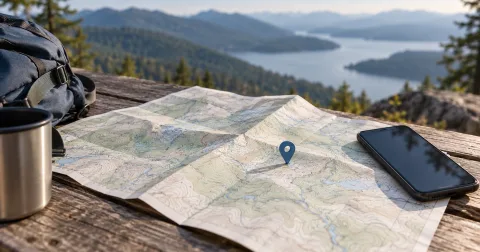 Illustration of a blue position marker on a paper map beside a phone.