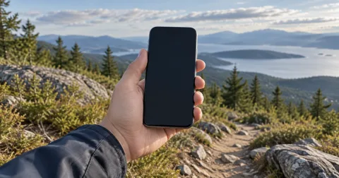 Illustration of a hand holding a dark-screen phone beside a mountain trail.