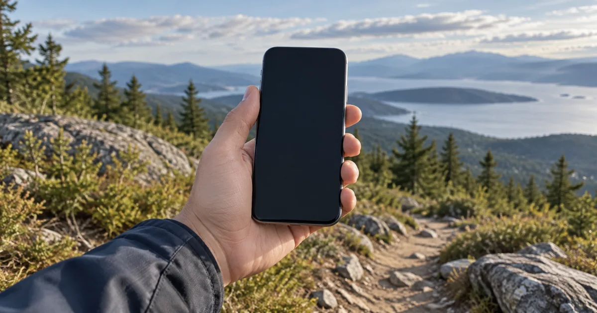 Illustration of a hand holding a dark-screen phone beside a mountain trail.